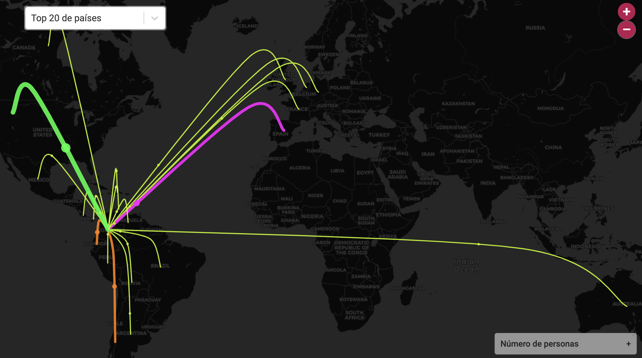 Mapa 20 principales destinos de migración para colombianos